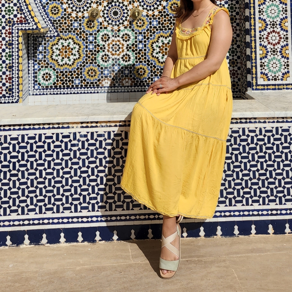 Midi swing dress with embroidered neckline